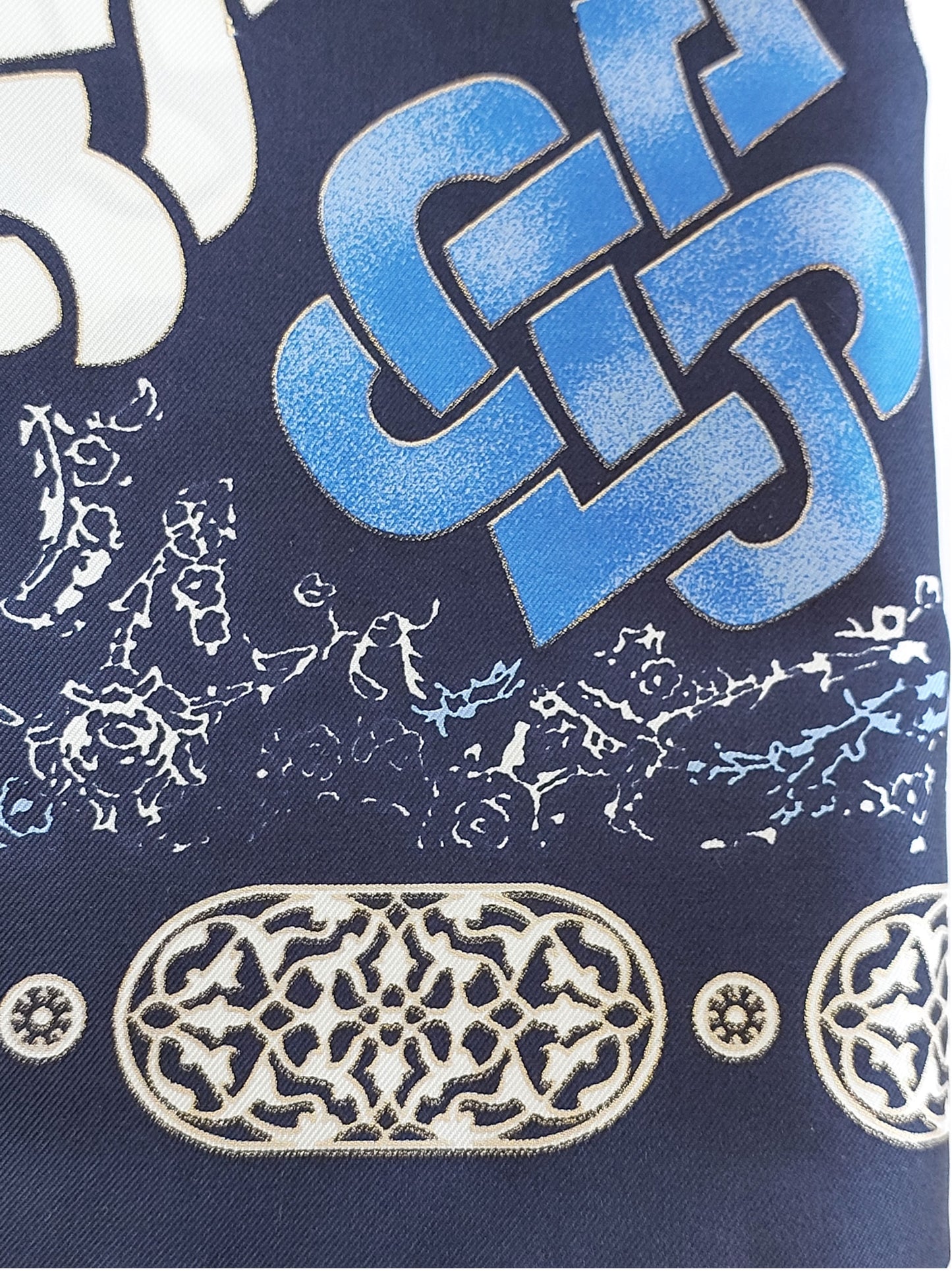 Woman 100% Silk Scarf Geometric design Blue White Navy Blue Colors Hand rolled stitch Great Gift for her in a beautiful box