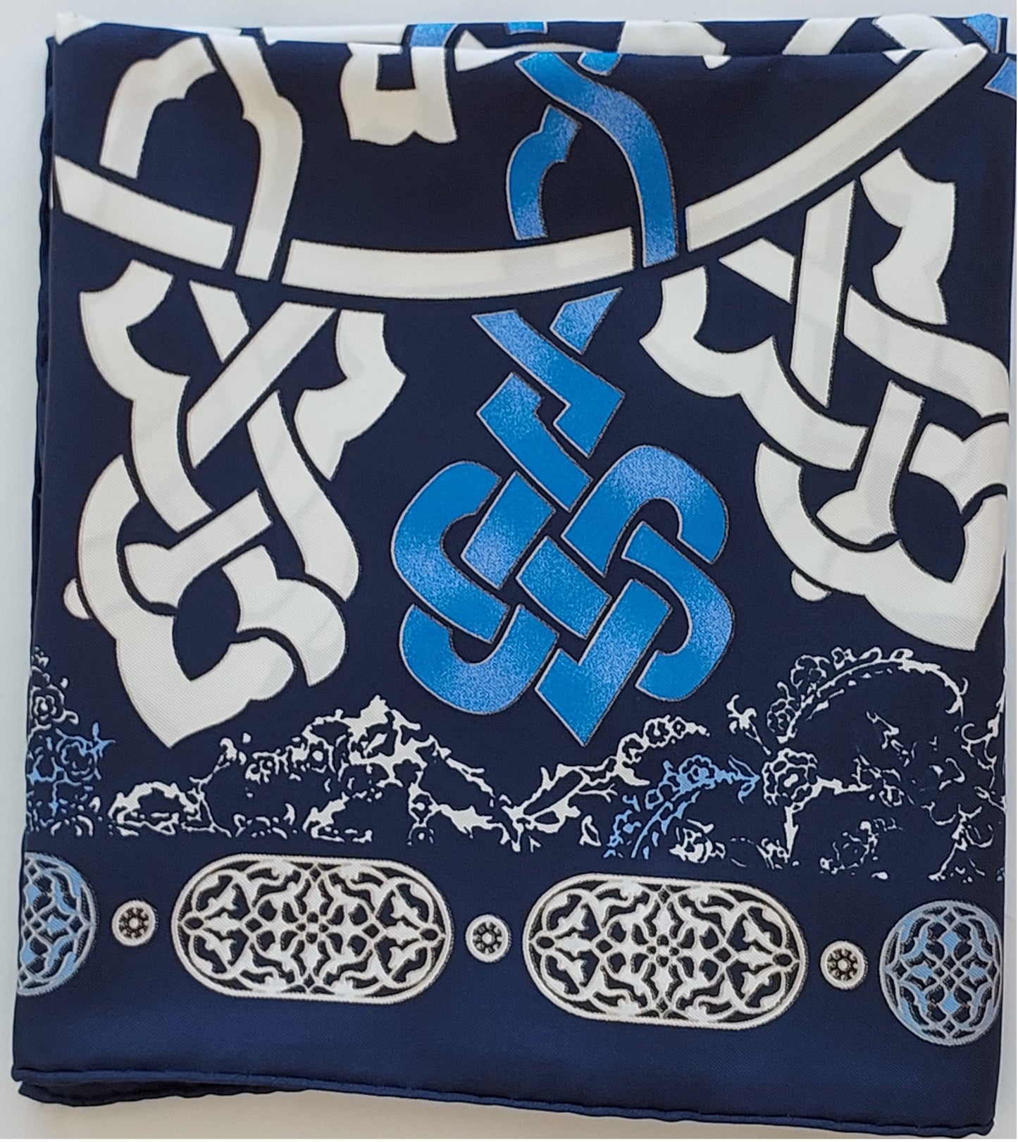 Woman 100% Silk Scarf Geometric design Blue White Navy Blue Colors Hand rolled stitch Great Gift for her in a beautiful box