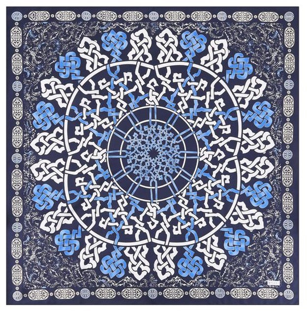 Woman 100% Silk Scarf Geometric design Blue White Navy Blue Colors Hand rolled stitch Great Gift for her in a beautiful box
