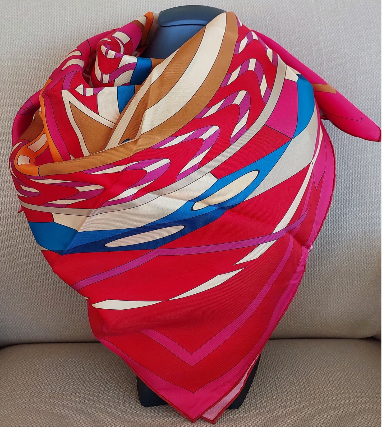Woman 100% Silk Scarf Geometric design Circles Fuchsia Red Blue Colours Hand Rolled Edges Designer Style Great Gift for Her in a box