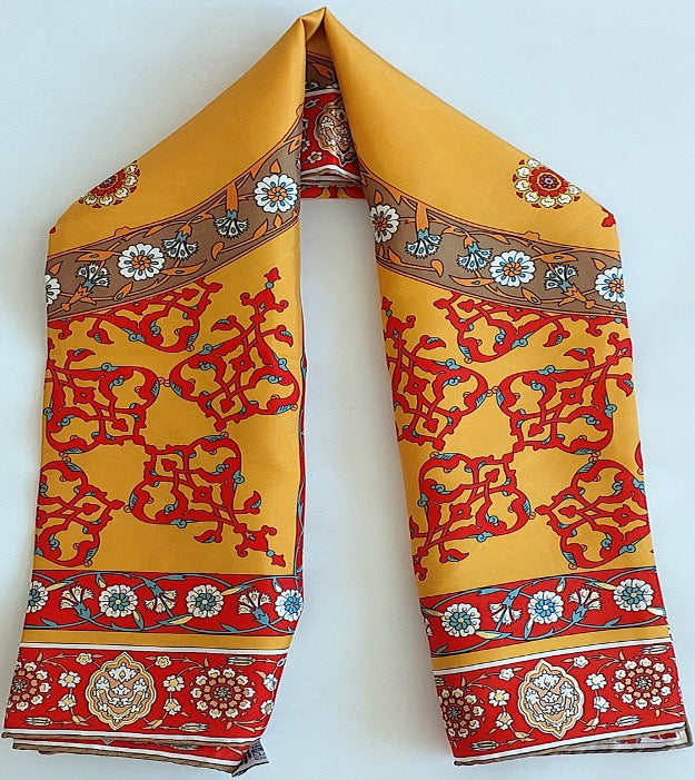 Woman 100% Silk Scarf Geometric design Orange Red Gold Colors Hand rolled Great Gift for Her in a box