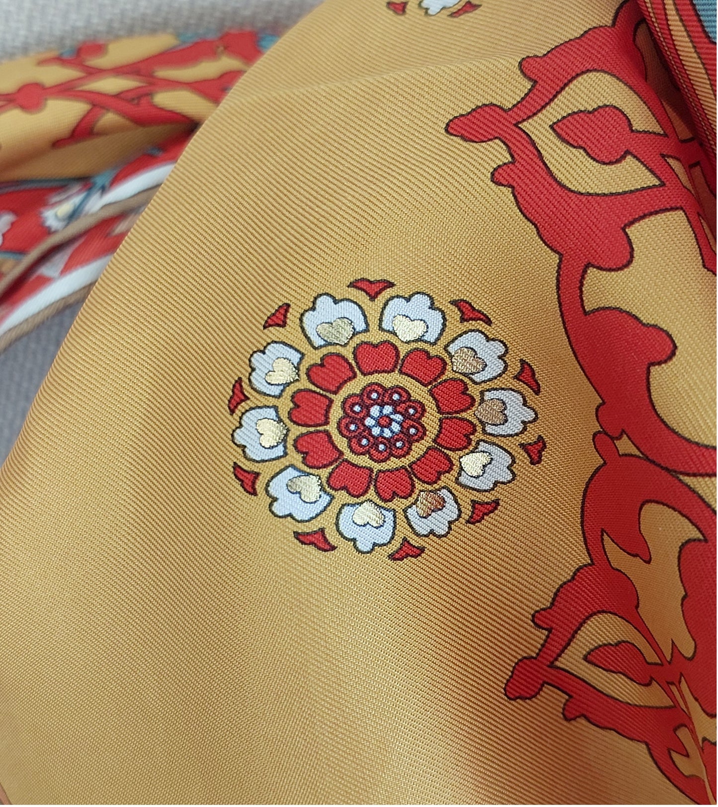 Woman 100% Silk Scarf Geometric design Orange Red Gold Colors Hand rolled Great Gift for Her in a box