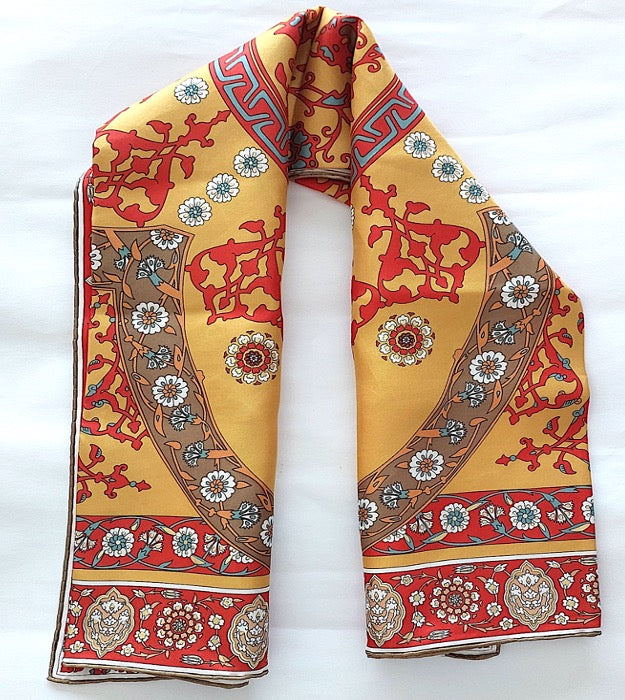 Woman 100% Silk Scarf Geometric design Orange Red Gold Colors Hand rolled Great Gift for Her in a box