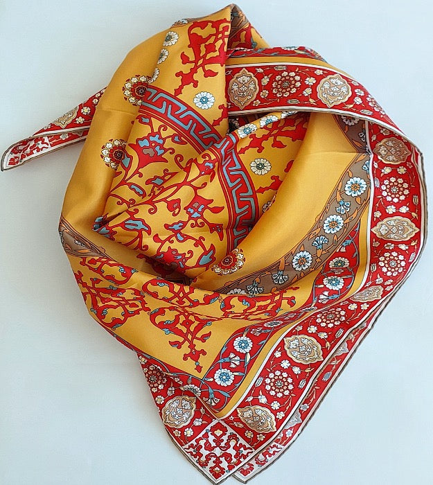Woman 100% Silk Scarf Geometric design Orange Red Gold Colors Hand rolled Great Gift for Her in a box