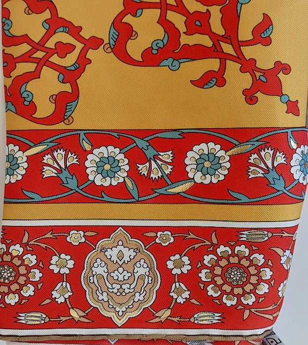 Woman 100% Silk Scarf Geometric design Orange Red Gold Colors Hand rolled Great Gift for Her in a box