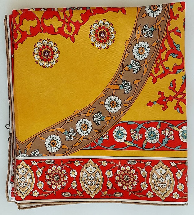 Woman 100% Silk Scarf Geometric design Orange Red Gold Colors Hand rolled Great Gift for Her in a box