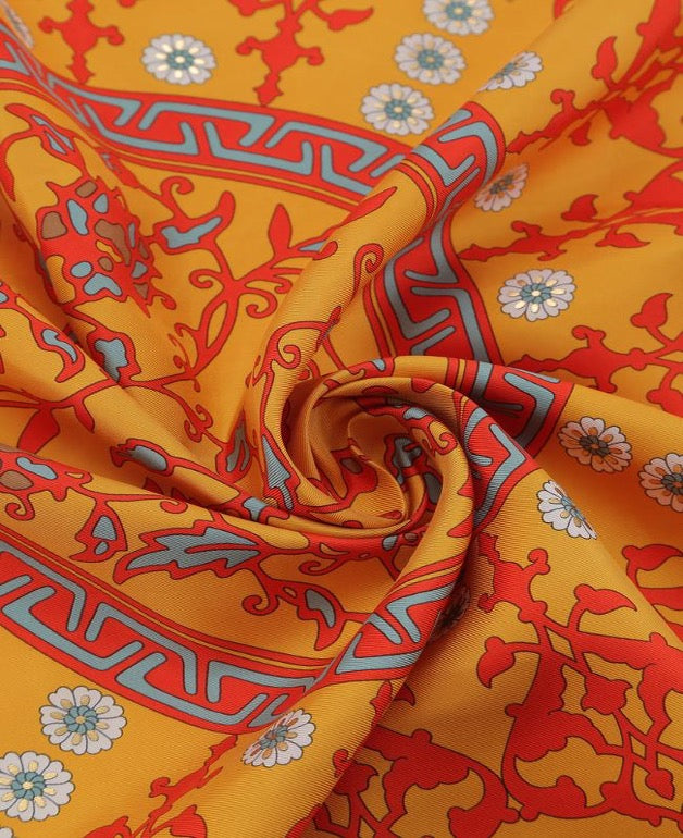 Woman 100% Silk Scarf Geometric design Orange Red Gold Colors Hand rolled Great Gift for Her in a box