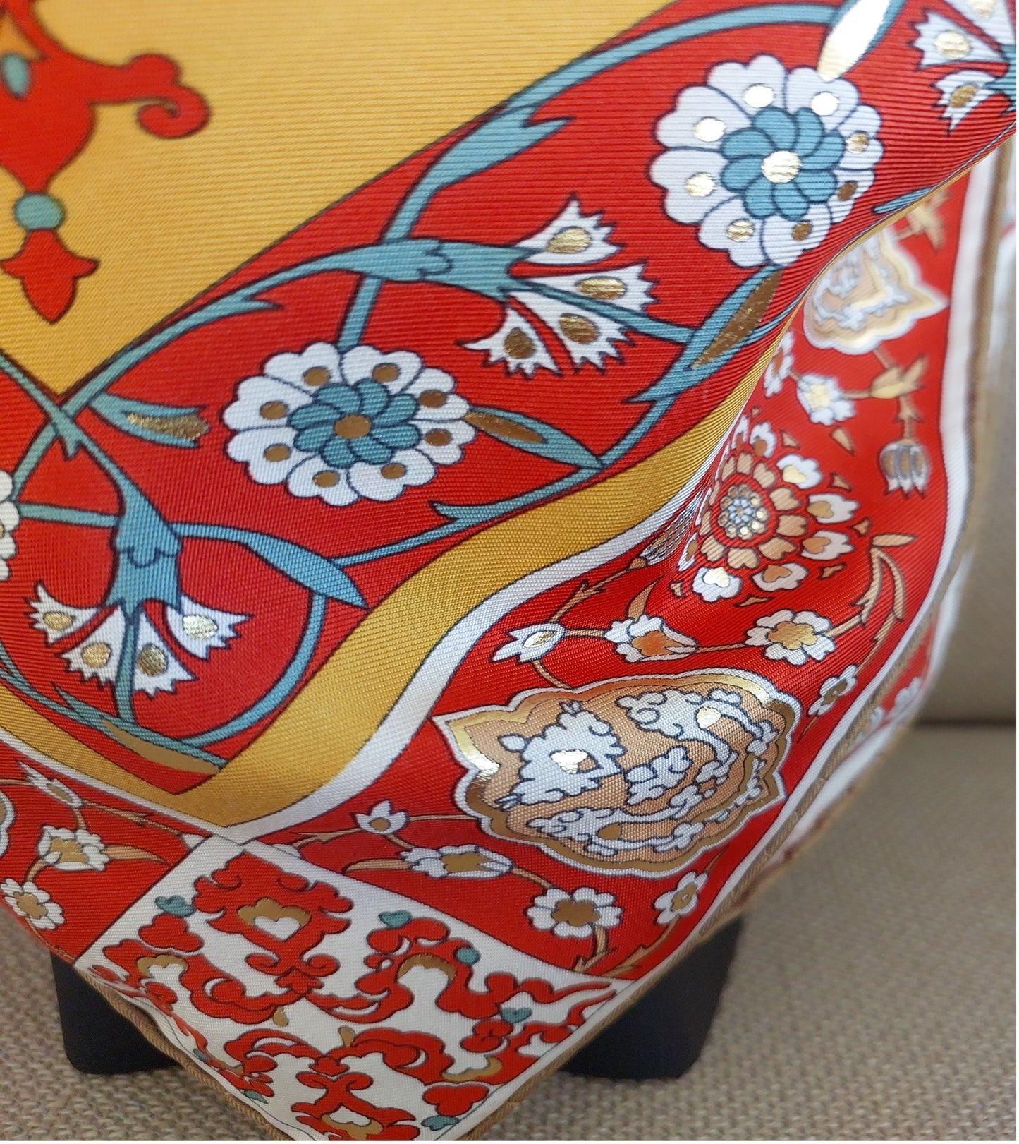 Woman 100% Silk Scarf Geometric design Orange Red Gold Colors Hand rolled Great Gift for Her in a box