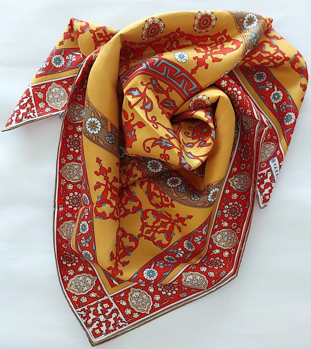 Woman 100% Silk Scarf Geometric design Orange Red Gold Colors Hand rolled Great Gift for Her in a box