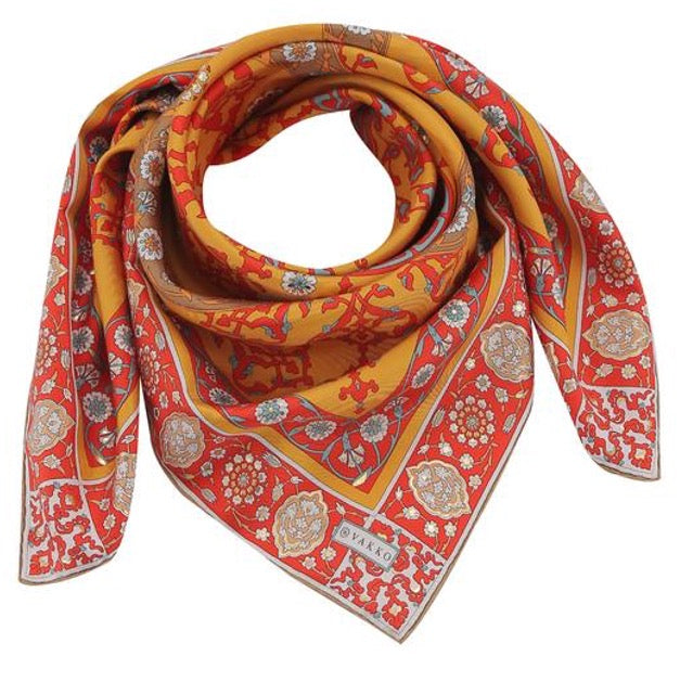 Woman 100% Silk Scarf Geometric design Orange Red Gold Colors Hand rolled Great Gift for Her in a box