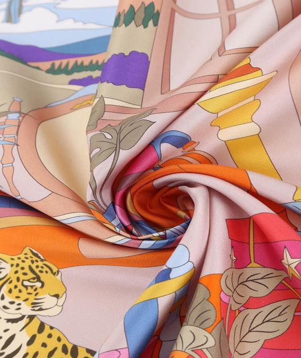 Woman Silk Scarf "Hobby Room "design Pink Colors Hand rolled Stitch Great Gift for Her