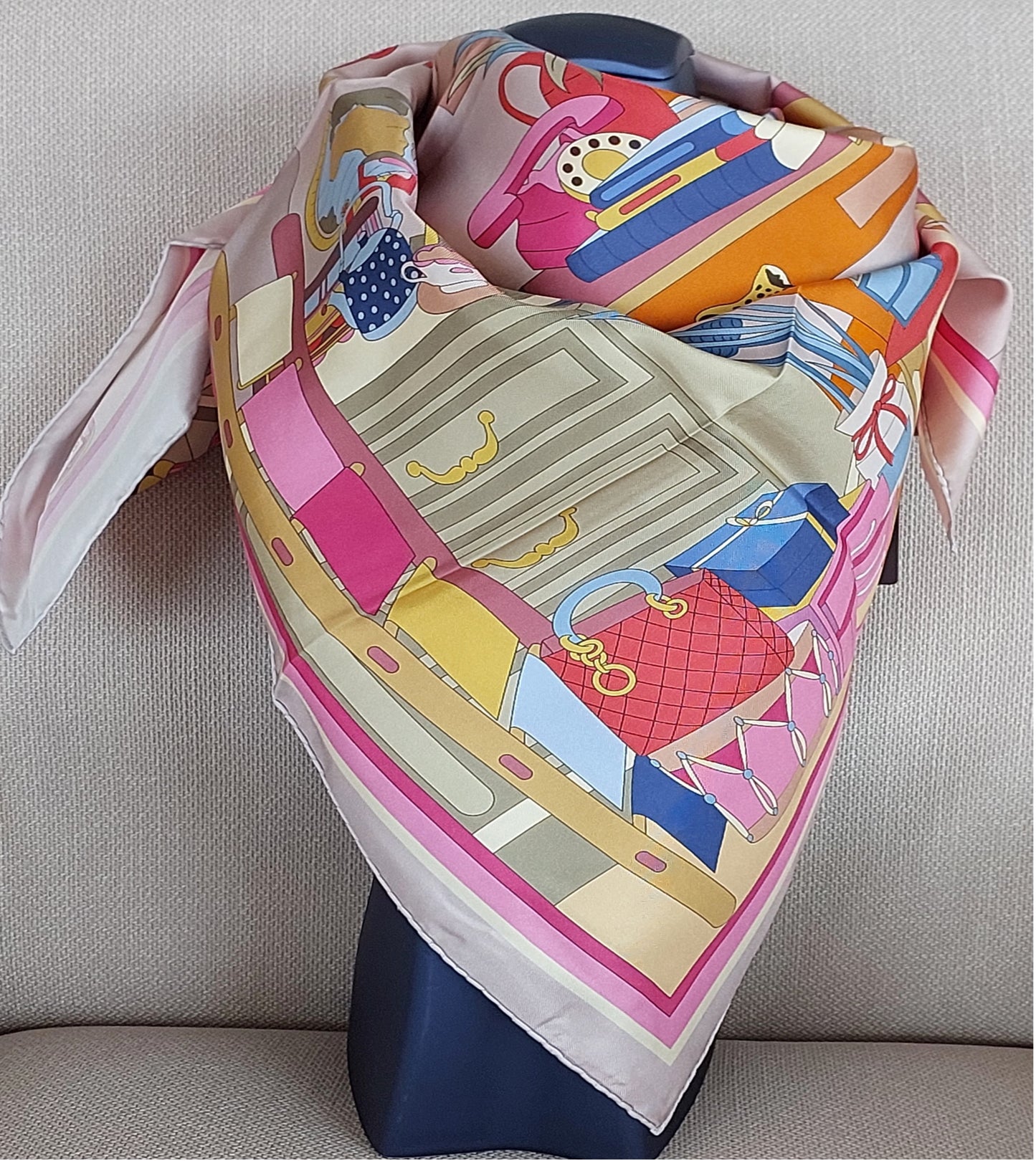 Woman Silk Scarf "Hobby Room "design Pink Colors Hand rolled Stitch Great Gift for Her