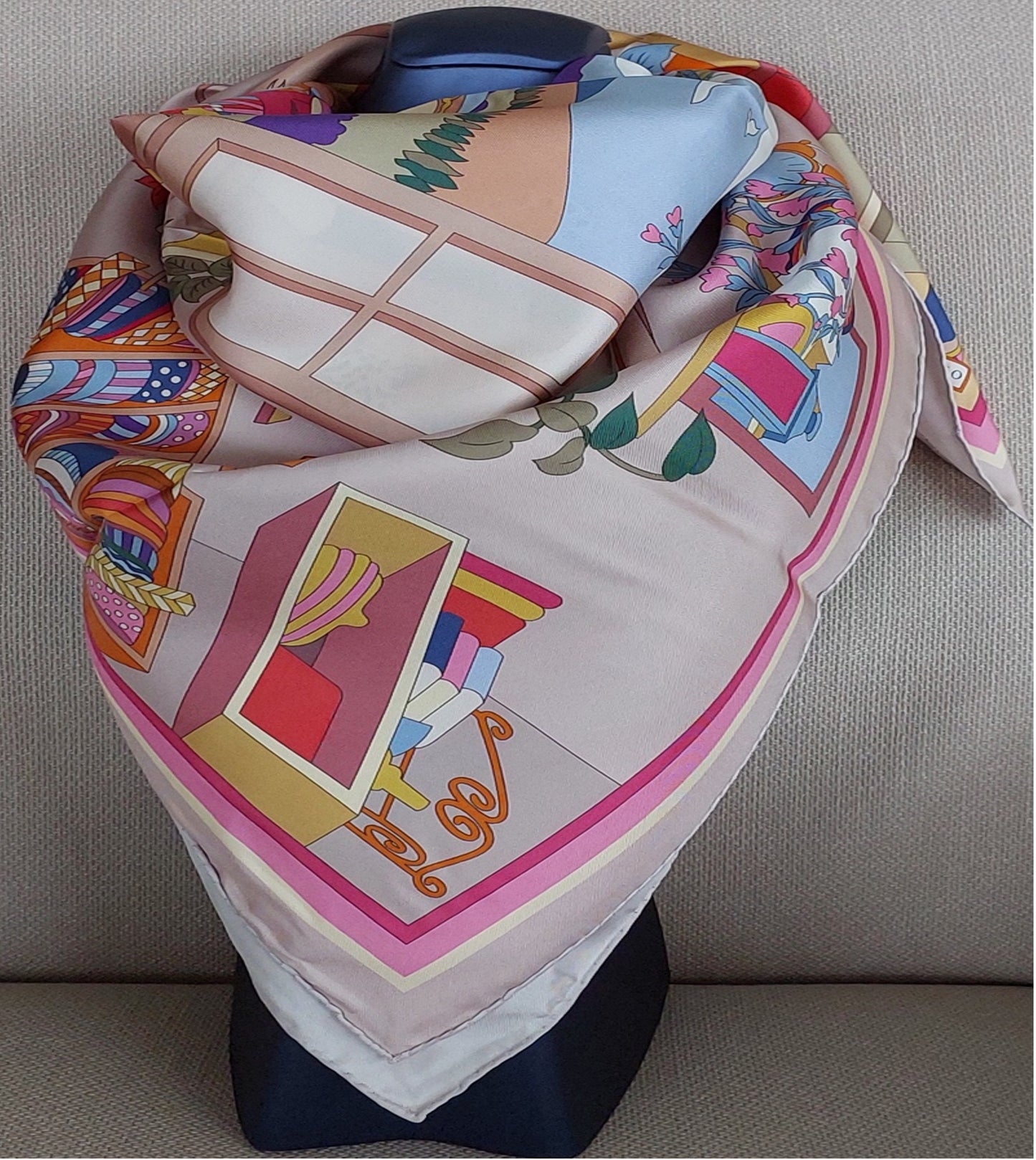 Woman Silk Scarf "Hobby Room "design Pink Colors Hand rolled Stitch Great Gift for Her