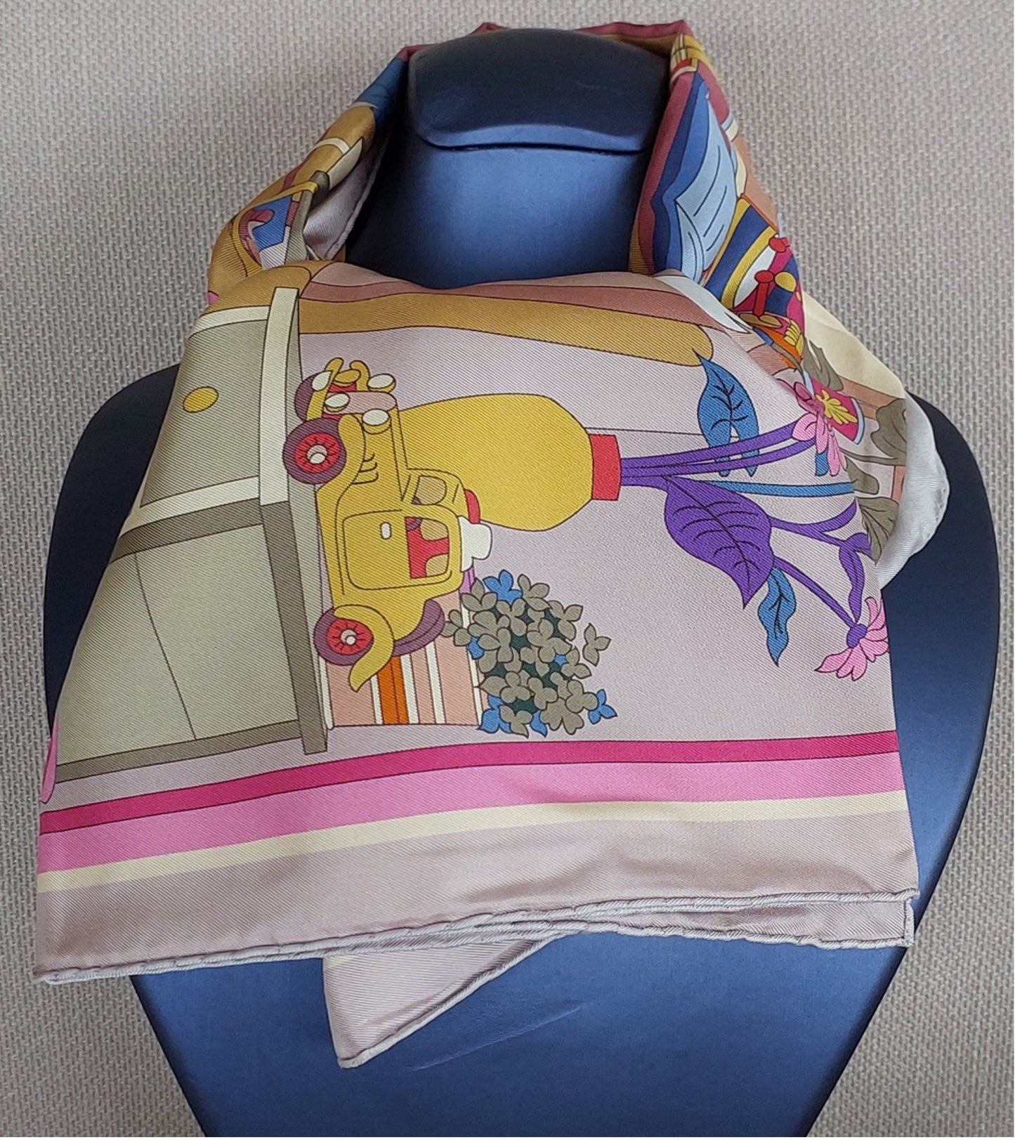 Woman Silk Scarf "Hobby Room "design Pink Colors Hand rolled Stitch Great Gift for Her