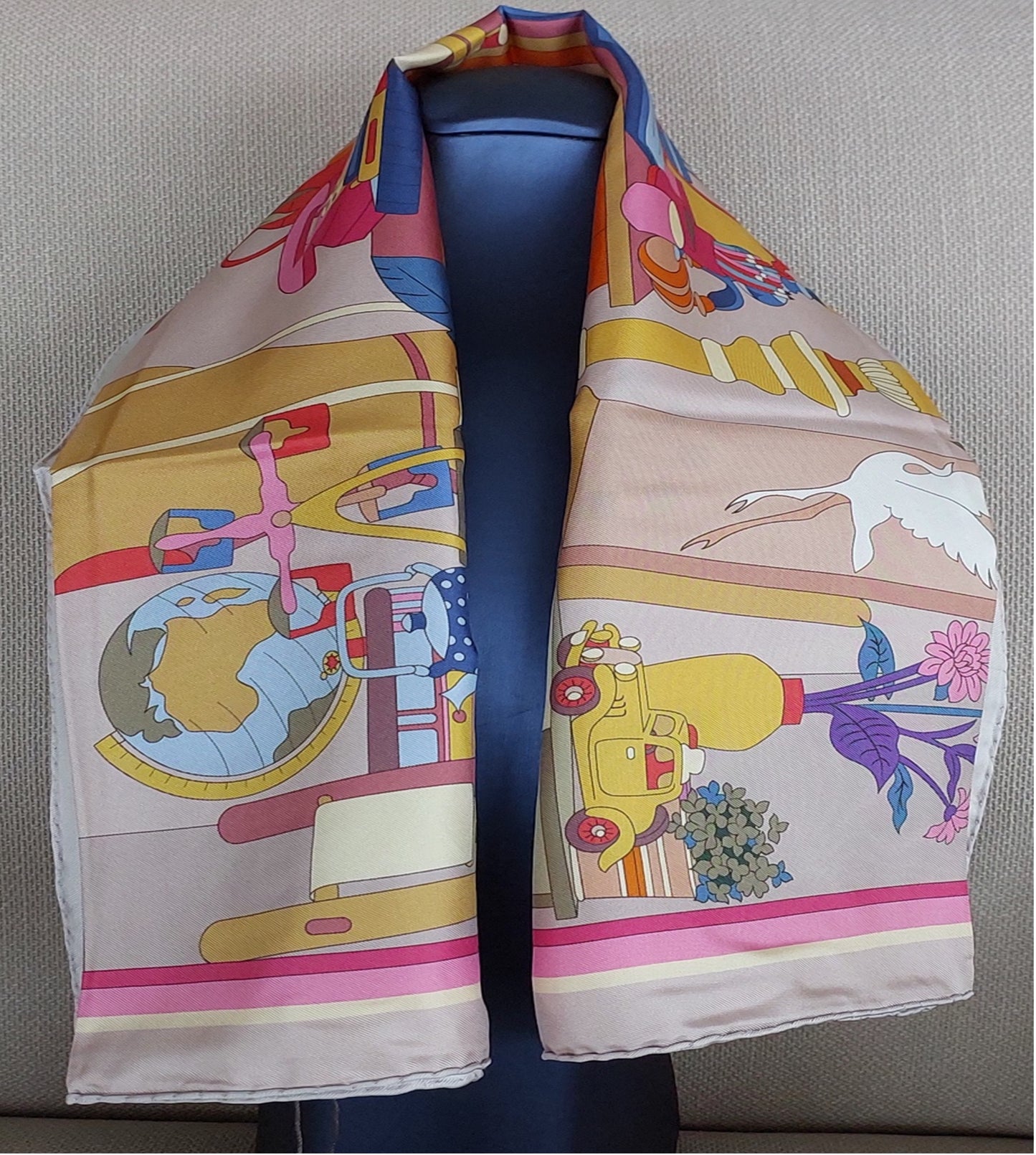 Woman Silk Scarf "Hobby Room "design Pink Colors Hand rolled Stitch Great Gift for Her
