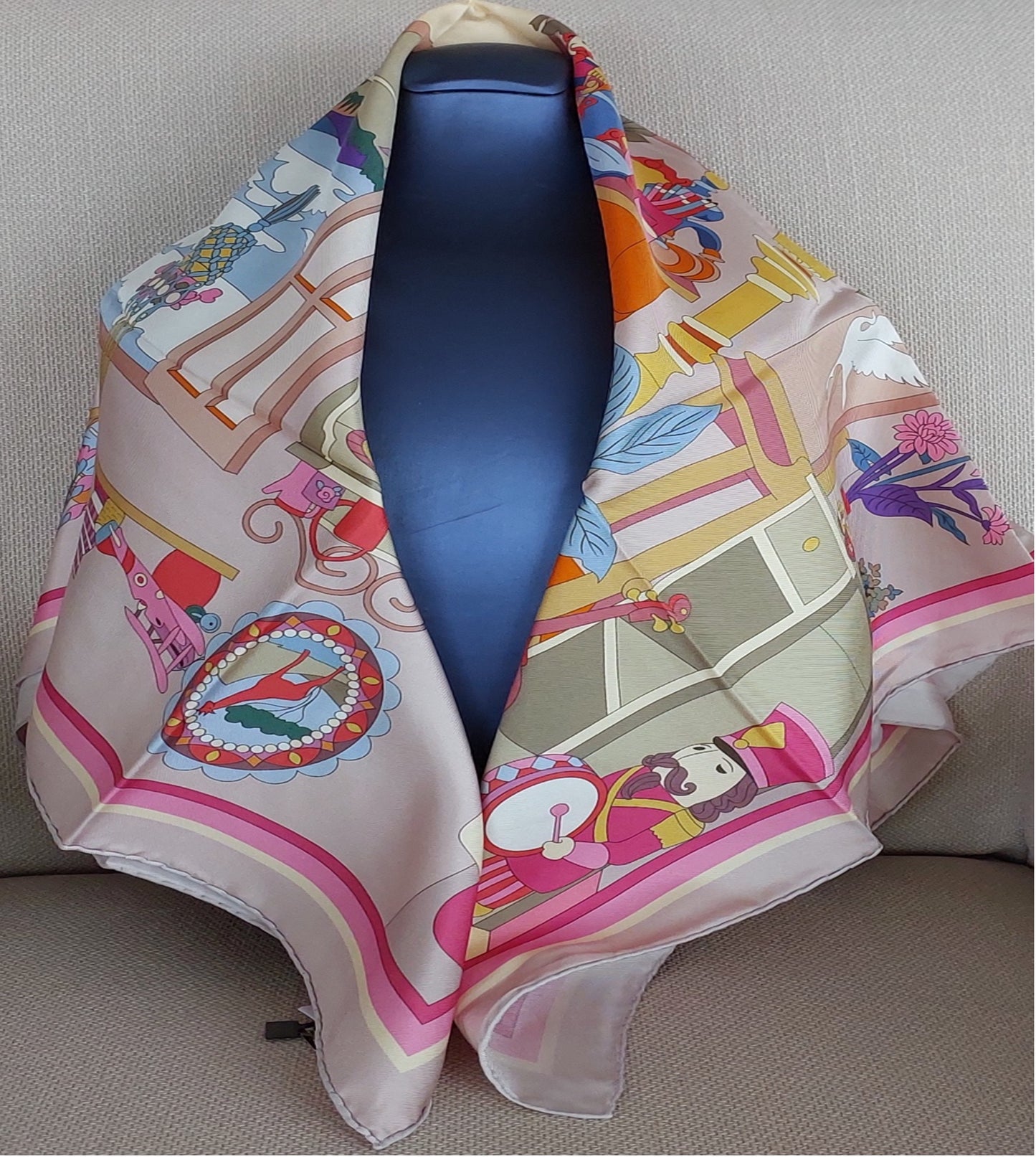 Woman Silk Scarf "Hobby Room "design Pink Colors Hand rolled Stitch Great Gift for Her
