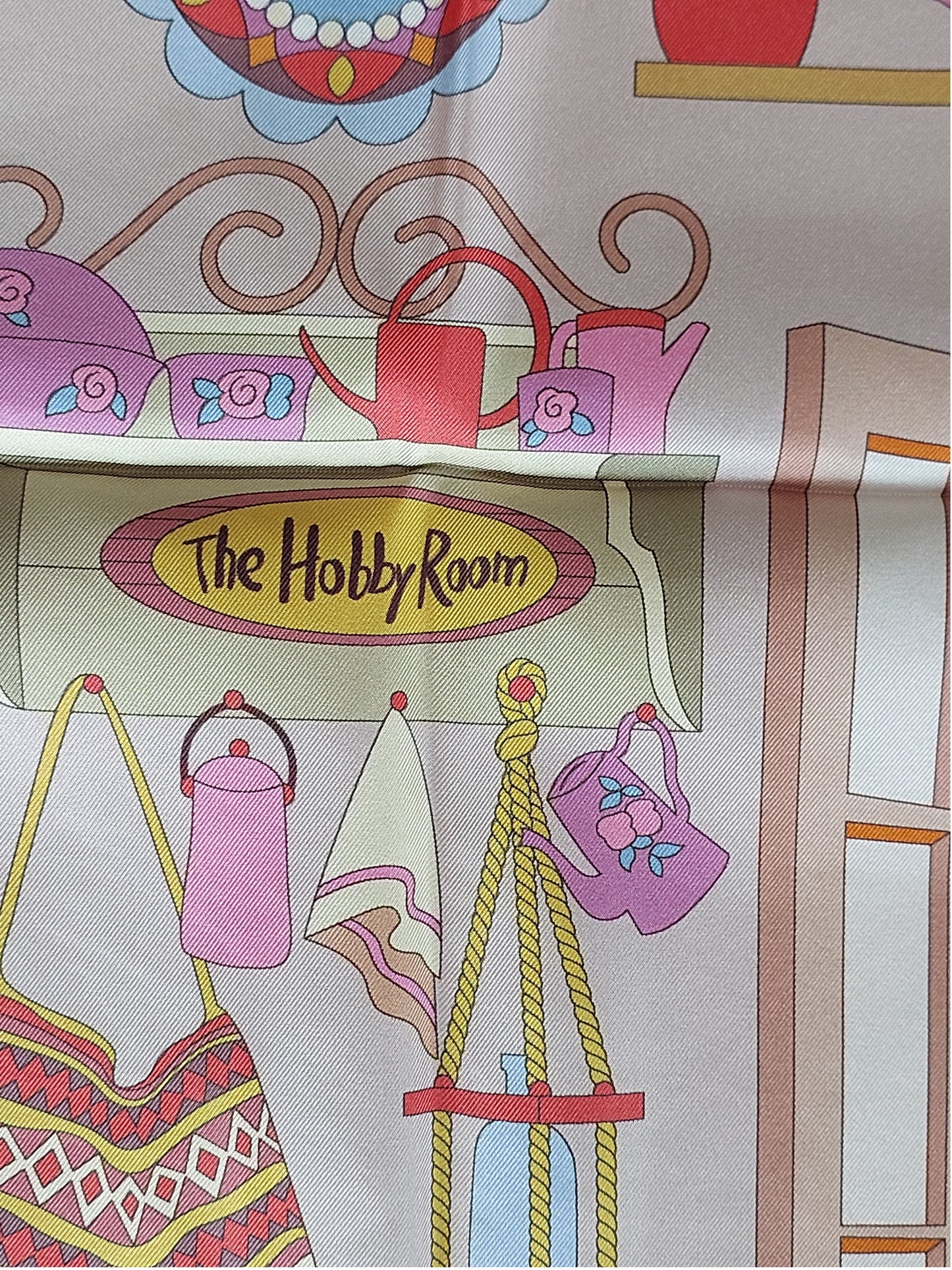 Woman Silk Scarf "Hobby Room "design Pink Colors Hand rolled Stitch Great Gift for Her