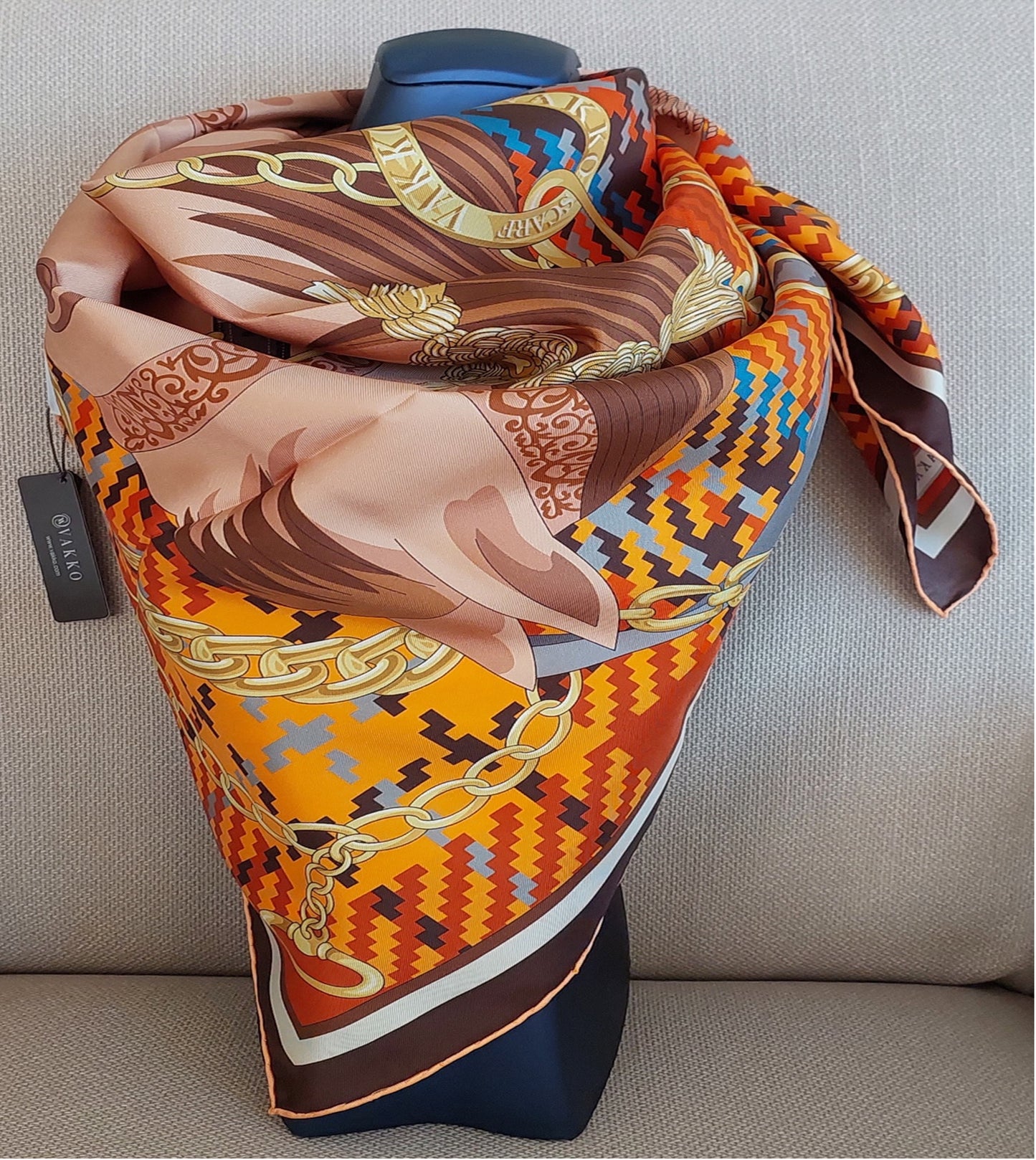 Woman 100% Silk Scarf Horse design Brown and Orange Grey Gold Colours Hand rolled edges Designer Style Great Gift for Her