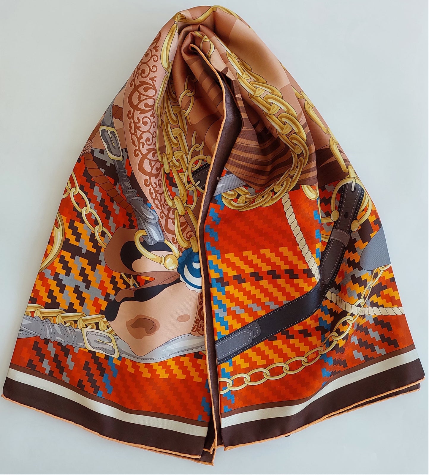 Woman 100% Silk Scarf Horse design Brown and Orange Grey Gold Colours Hand rolled edges Designer Style Great Gift for Her