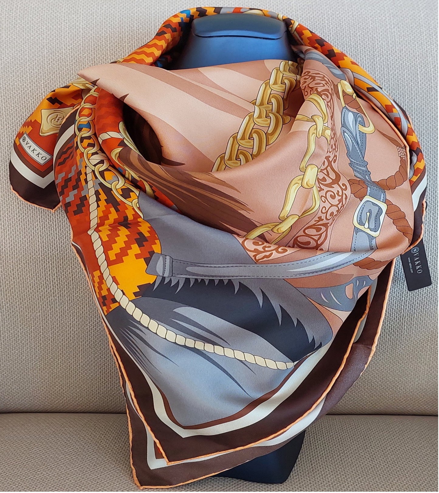 Woman 100% Silk Scarf Horse design Brown and Orange Grey Gold Colours Hand rolled edges Designer Style Great Gift for Her