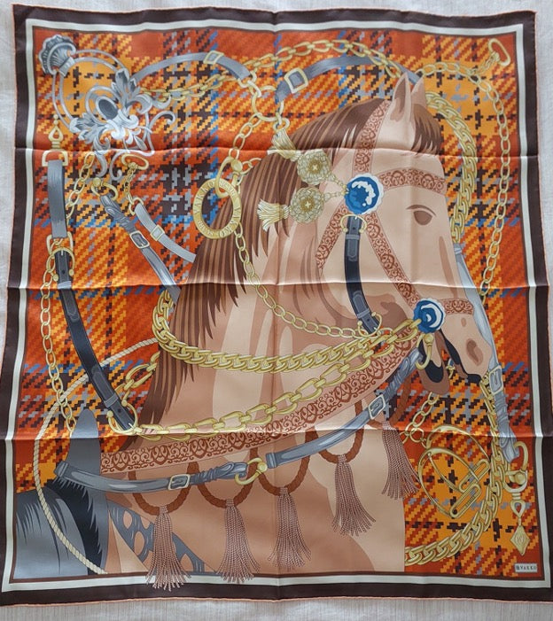 Woman 100% Silk Scarf Horse design Brown and Orange Grey Gold Colours Hand rolled edges Designer Style Great Gift for Her