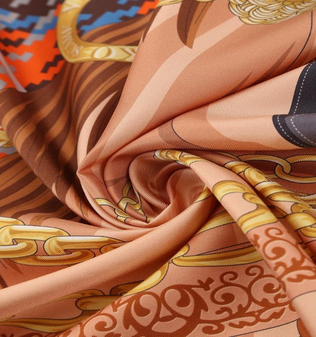 Woman 100% Silk Scarf Horse design Brown and Orange Grey Gold Colours Hand rolled edges Designer Style Great Gift for Her
