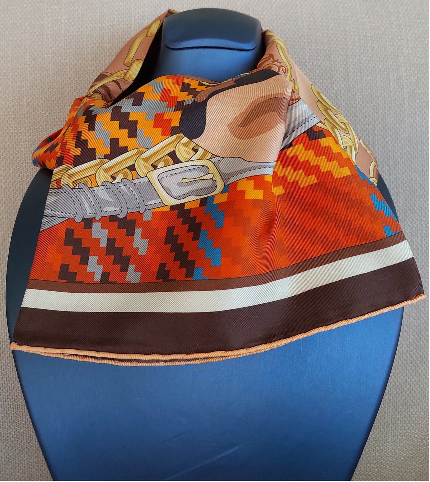 Woman 100% Silk Scarf Horse design Brown and Orange Grey Gold Colours Hand rolled edges Designer Style Great Gift for Her