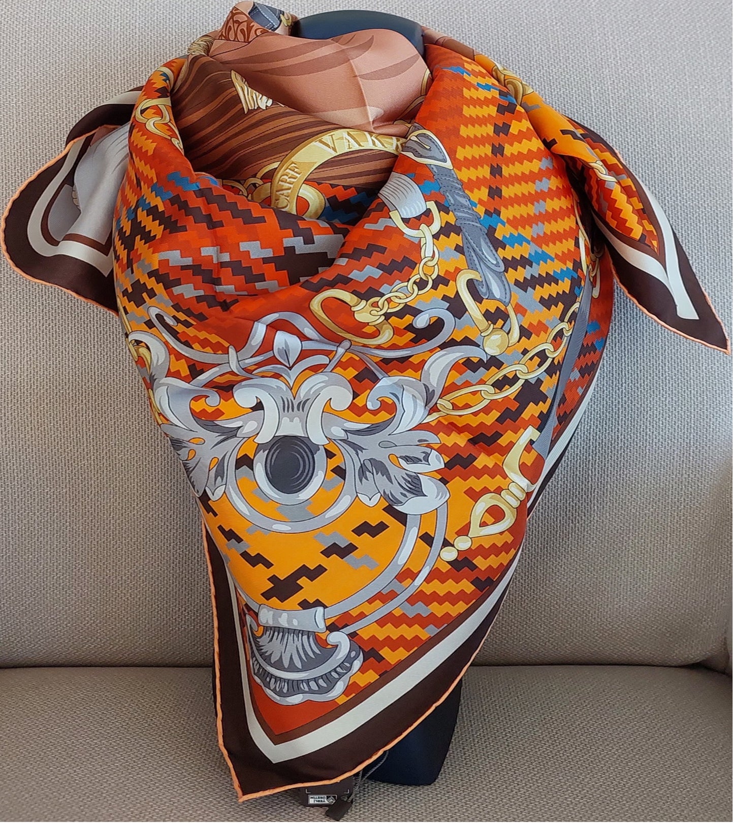 Woman 100% Silk Scarf Horse design Brown and Orange Grey Gold Colours Hand rolled edges Designer Style Great Gift for Her