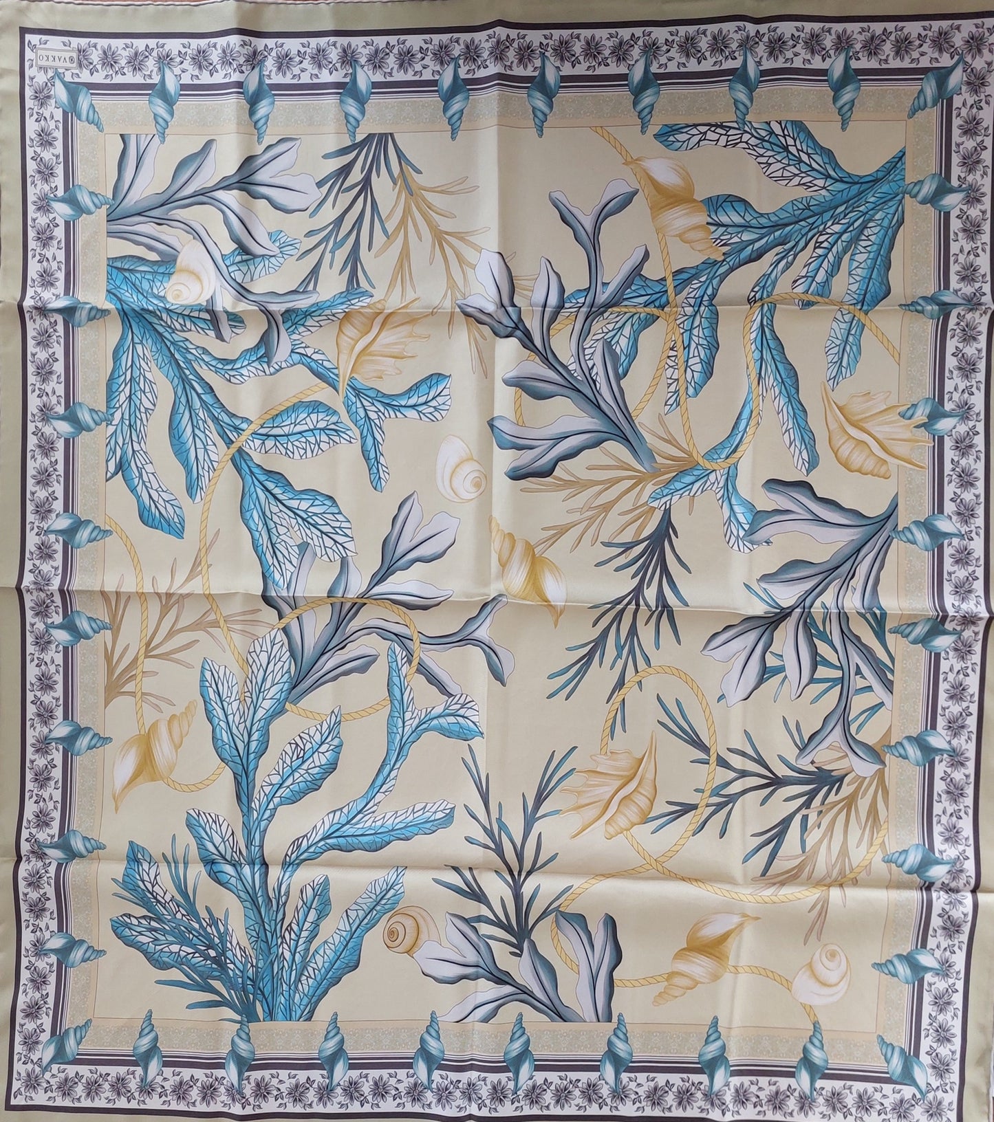 Woman Scarf 100% Silk Seashell design Light Green and Blue Colors Hand rolled Great Gift for Her