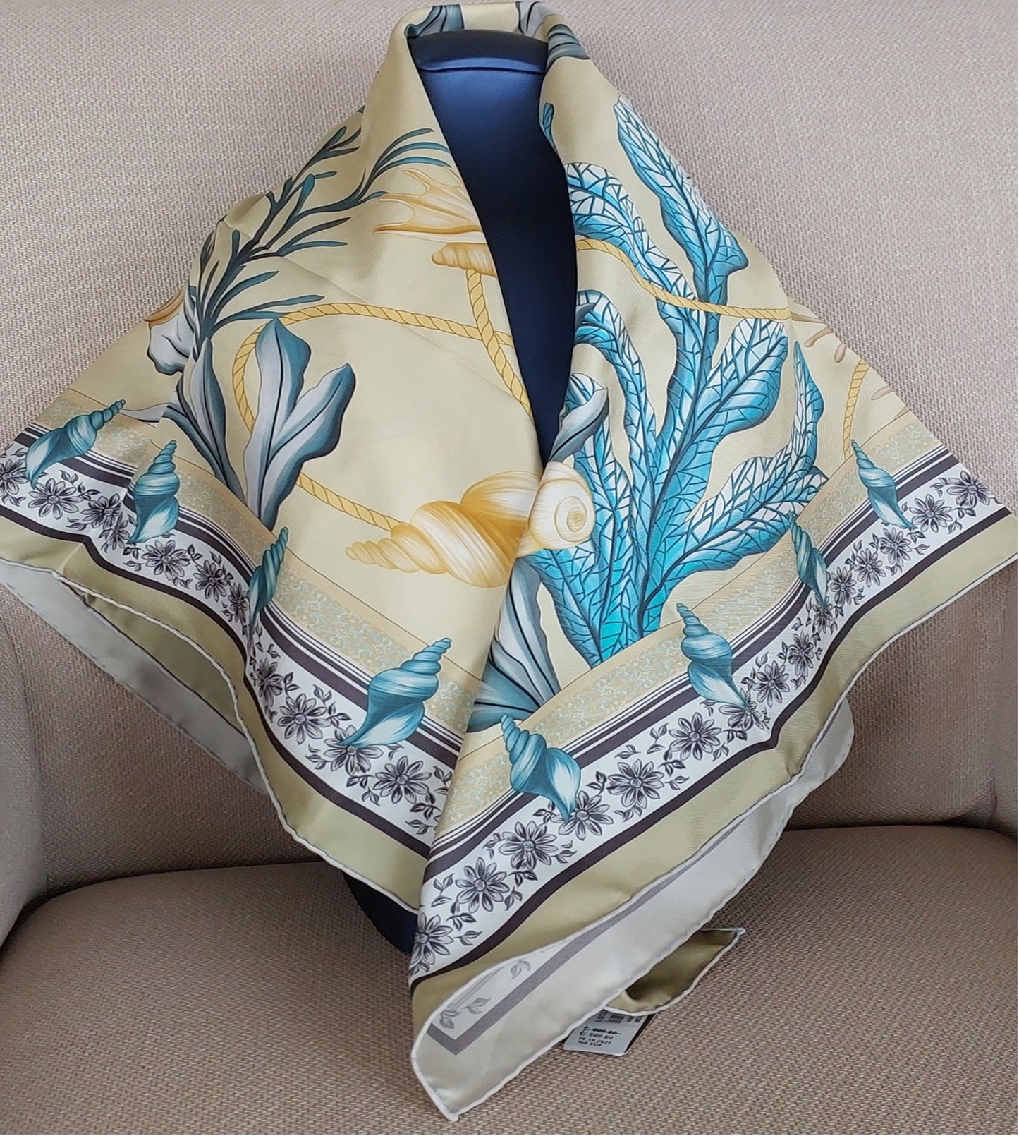 Woman Scarf 100% Silk Seashell design Light Green and Blue Colors Hand rolled Great Gift for Her