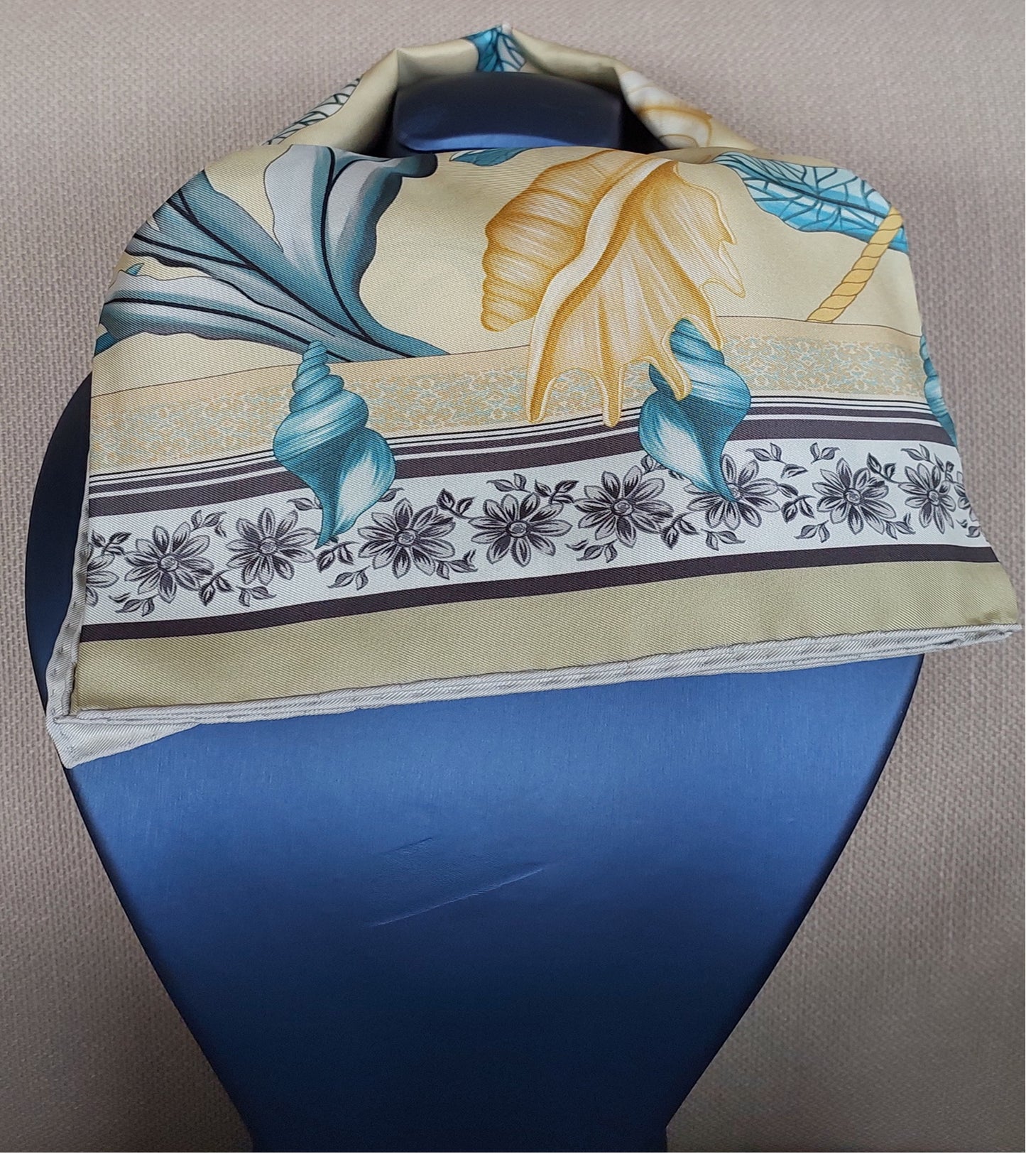 Woman Scarf 100% Silk Seashell design Light Green and Blue Colors Hand rolled Great Gift for Her