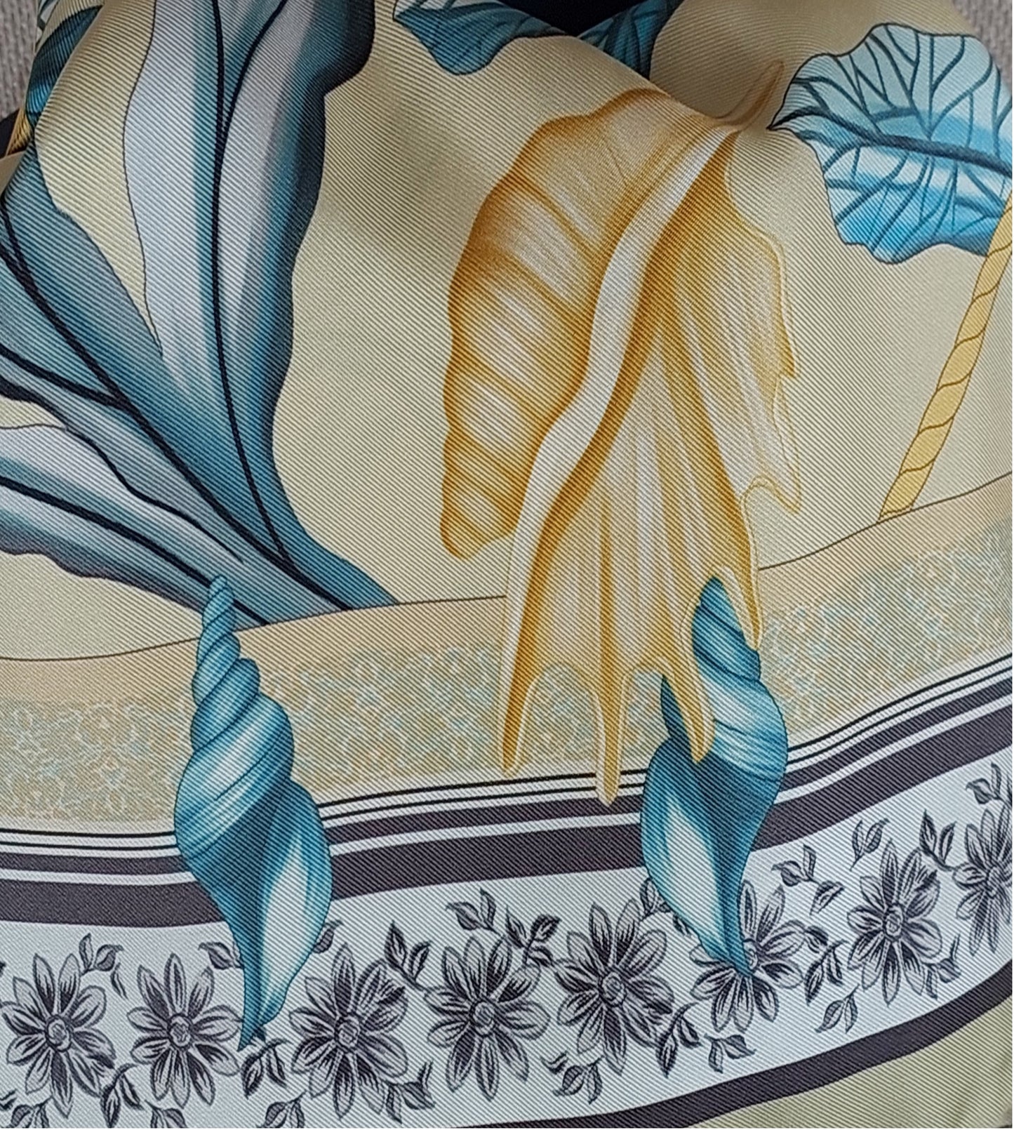 Woman Scarf 100% Silk Seashell design Light Green and Blue Colors Hand rolled Great Gift for Her