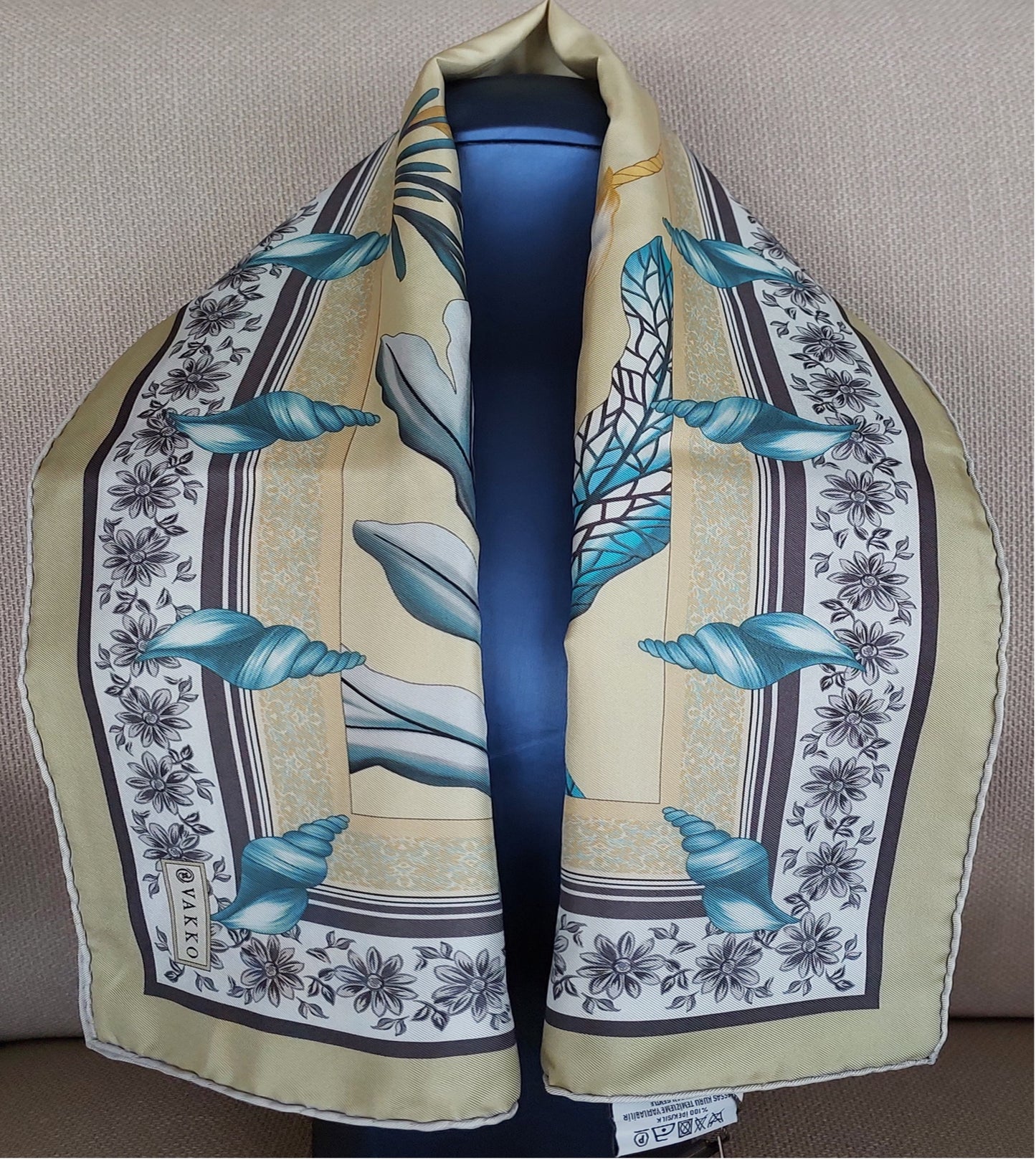 Woman Scarf 100% Silk Seashell design Light Green and Blue Colors Hand rolled Great Gift for Her