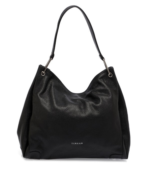 Tolles Geschenk für Damenhandtasche, groß, Hobo-Stil, schwarze Farbe, echtes Echtleder, silberfarbene Accessoires