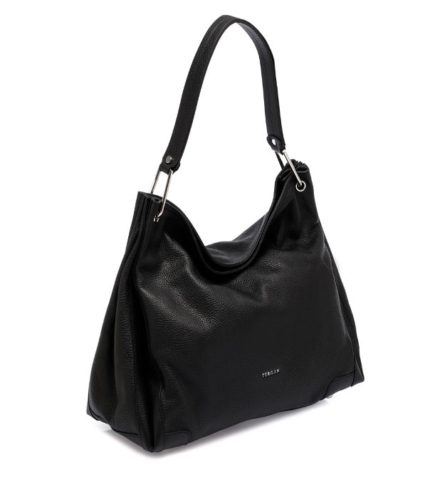 Tolles Geschenk für Damenhandtasche, groß, Hobo-Stil, schwarze Farbe, echtes Echtleder, silberfarbene Accessoires