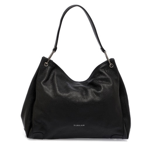 Tolles Geschenk für Damenhandtasche, groß, Hobo-Stil, schwarze Farbe, echtes Echtleder, silberfarbene Accessoires