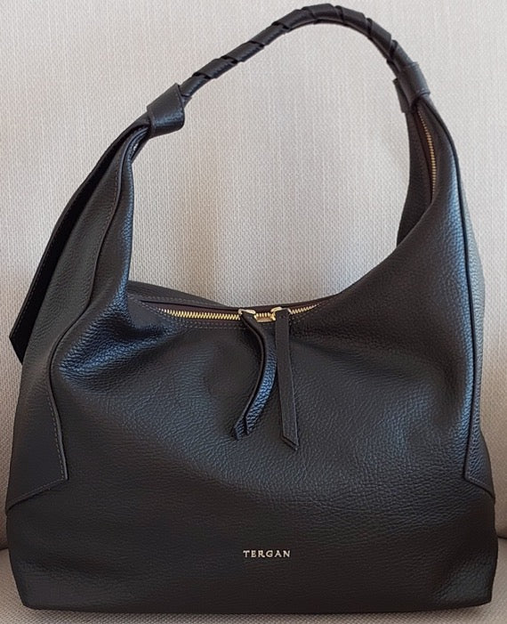 Tolles Geschenk für Damen, Handtasche im Hobo-Stil, dunkelbraune Farbe, echtes echtes Leder, goldfarbene Accessoires