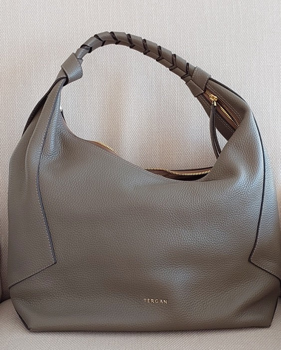 Great Gift Woman Handbag Hobo Style Khaki Tan Color Genuine Real Leather Gold Accessories