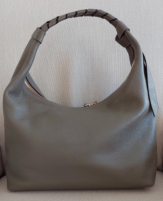 Great Gift Woman Handbag Hobo Style Khaki Tan Color Genuine Real Leather Gold Accessories