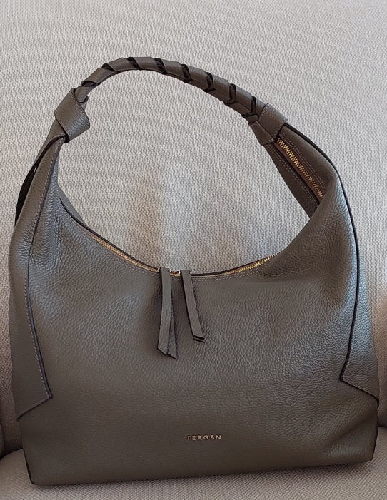 Great Gift Woman Handbag Hobo Style Khaki Tan Color Genuine Real Leather Gold Accessories