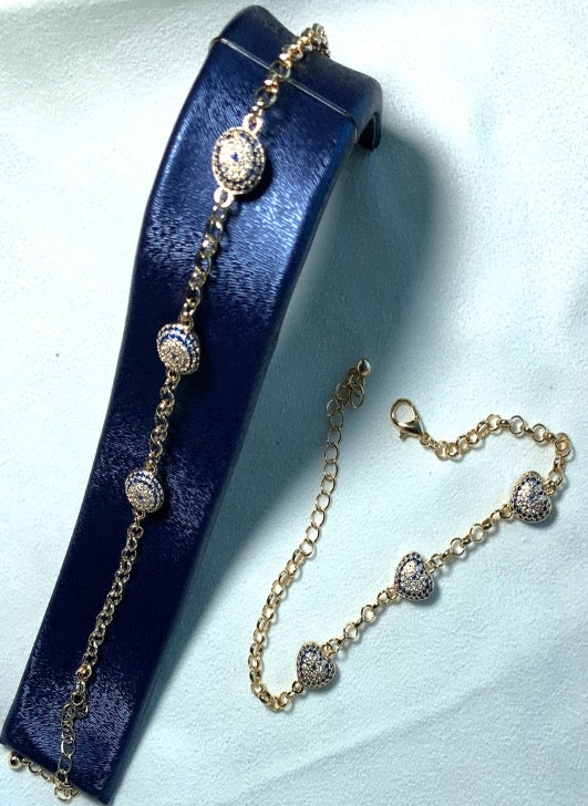 Bracelet Chaîne Coeur Zircon Bleu Couleur Or Jaune