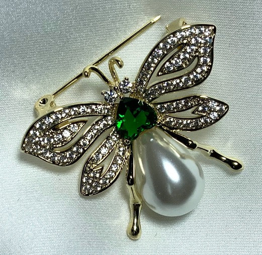 Broche Abeja Perla Color Oro Amarillo Circón 3AAA