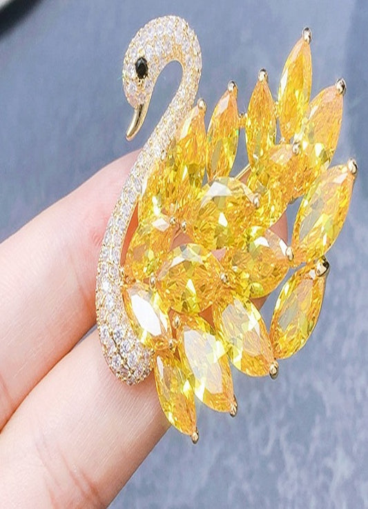 Brooch Bird Shape Gold Color Zirconia Yellow 3AAA Stones