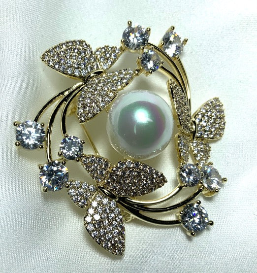 Broche Mariposas Perla Color Oro Circonitas