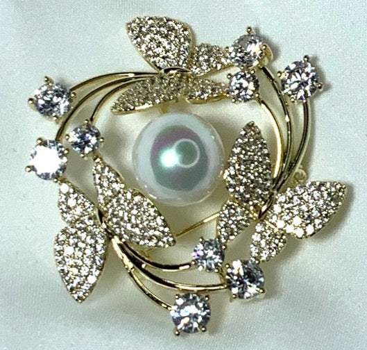 Broche Mariposas Perla Color Oro Circonitas