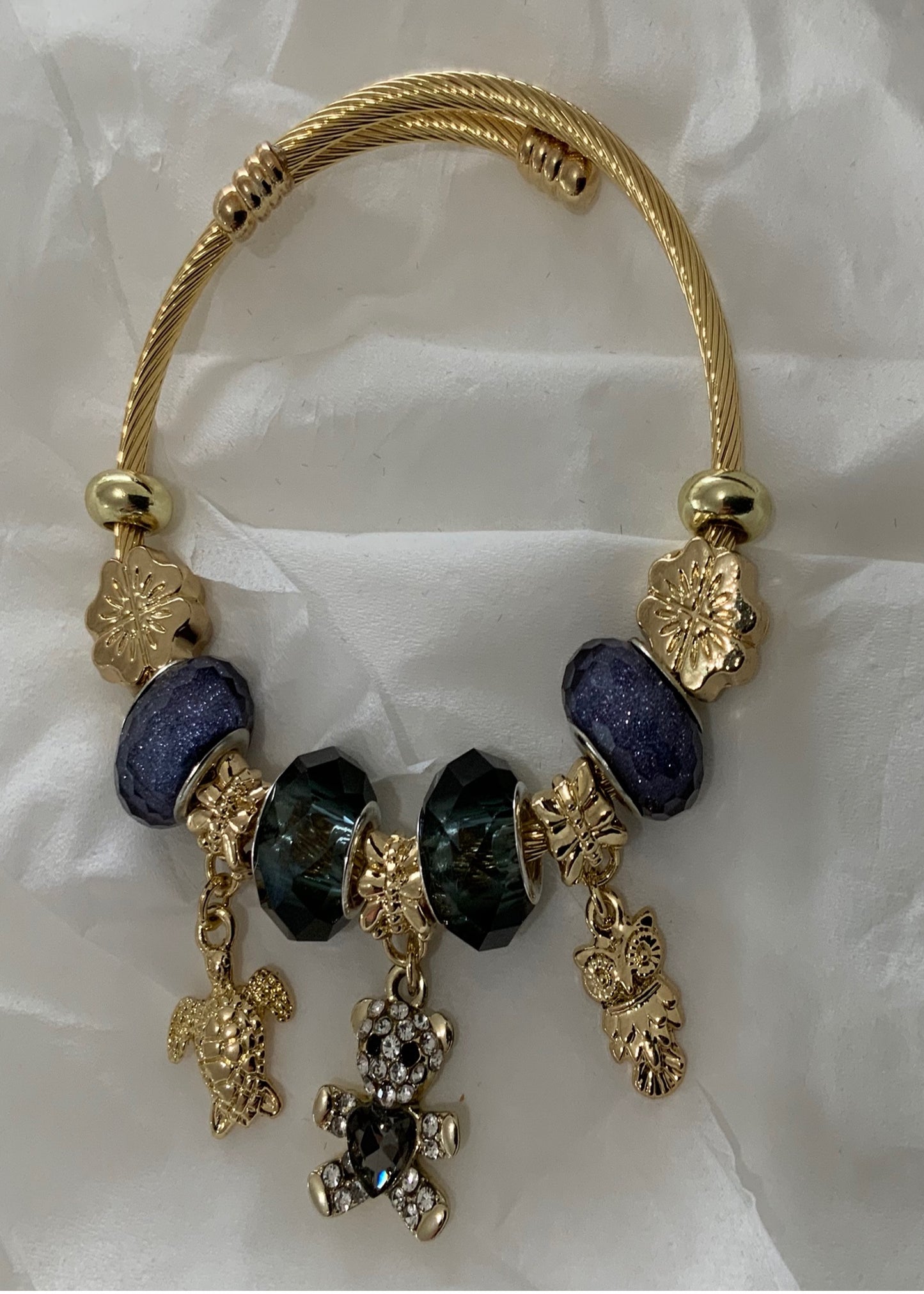Pulsera con abalorio de mujer Color dorado Oso Tortuga Búho Cristal oscuro Zircon Brazalete ajustable