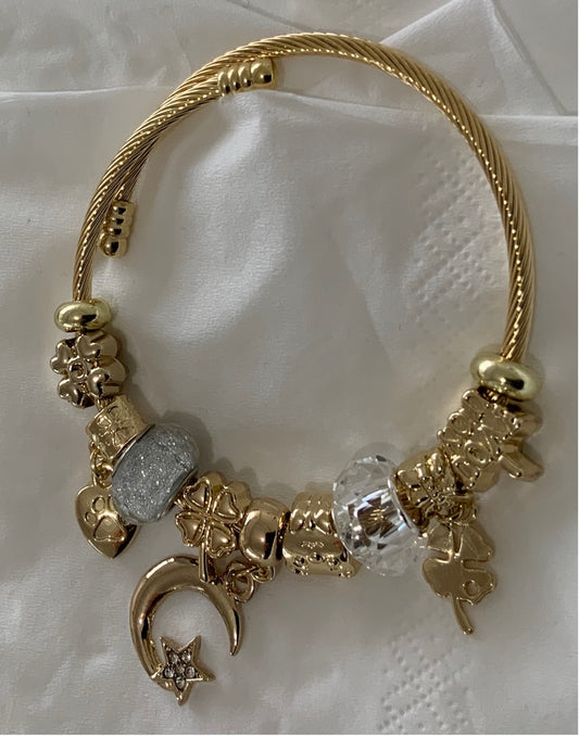 Bracelet Charm Fille Couleur Or Etoile Crescent Zircon Jonc Strass Ajustable
