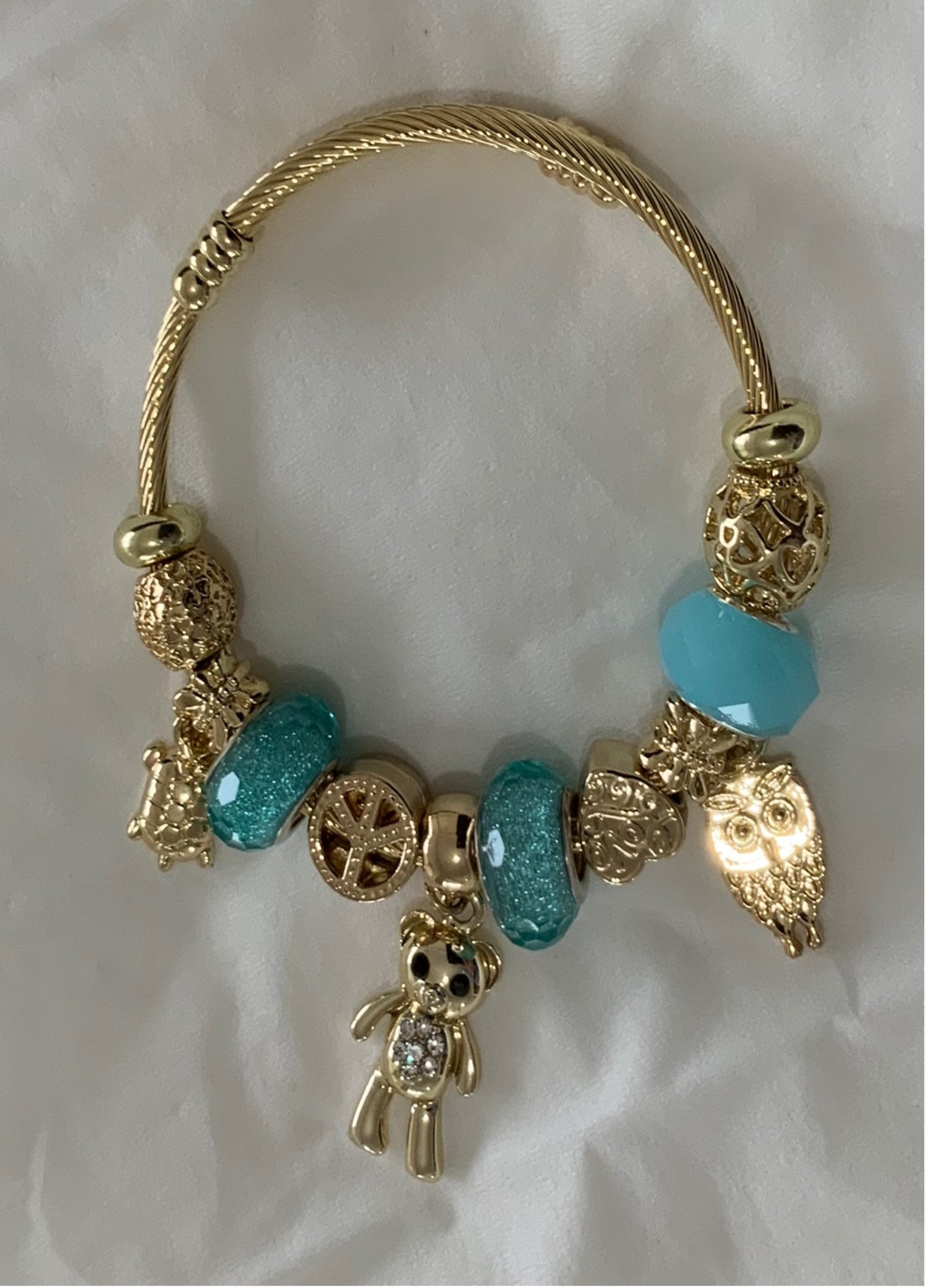 Pulsera Mujer Charm Pulsera Ajustable Color Oro Tortuga Oso Aqua Perla