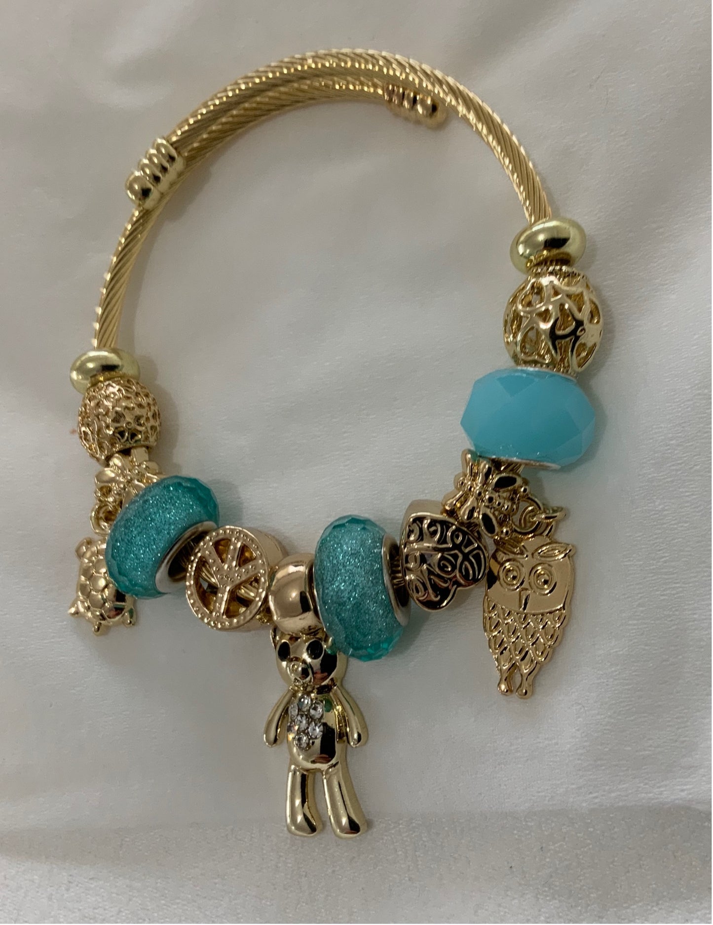 Pulsera Mujer Charm Pulsera Ajustable Color Oro Tortuga Oso Aqua Perla