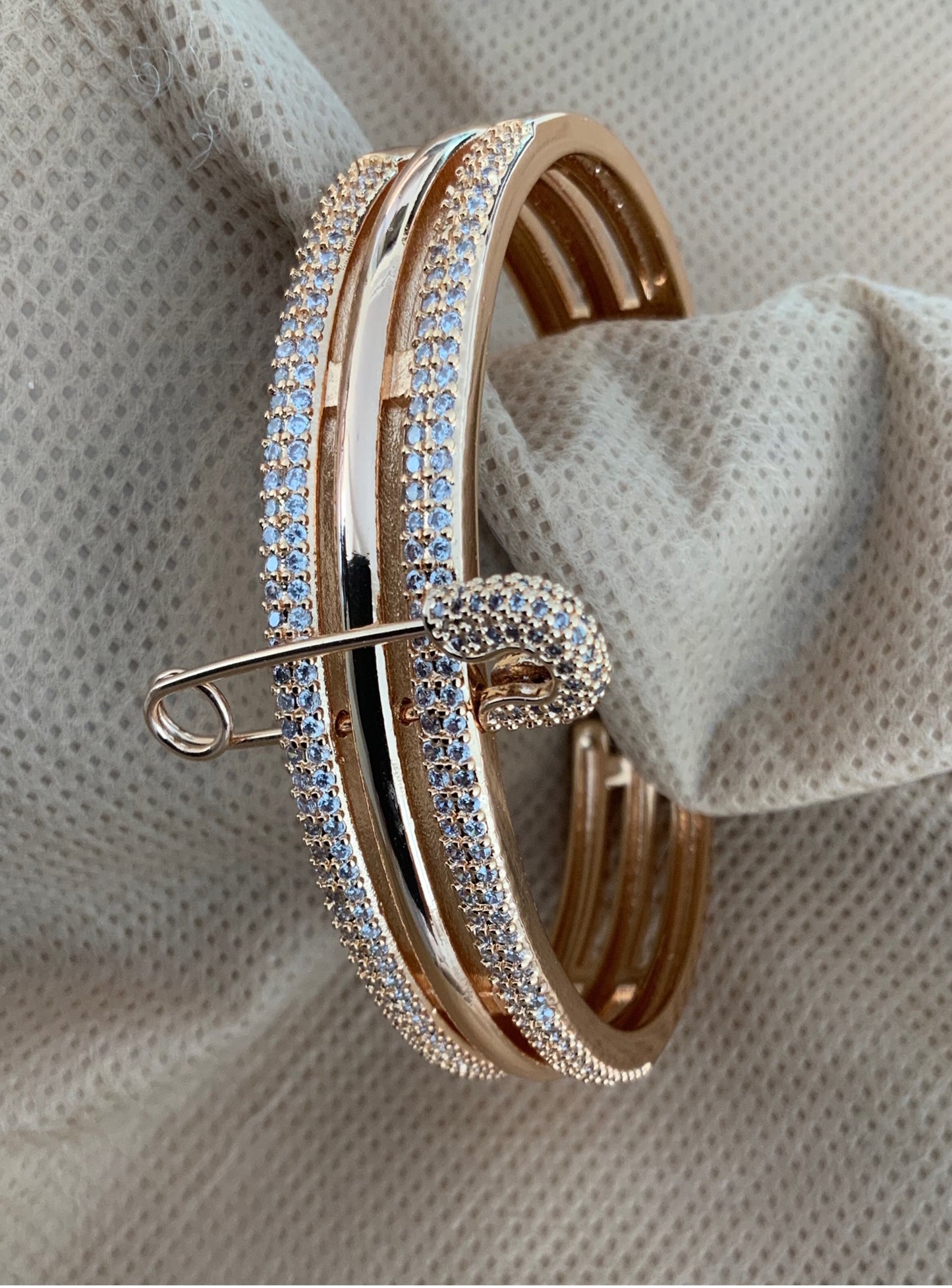 Jewelry Set 3 pieces Cuff Bracelet Necklace Earrings 3 in 1 Style Yellow Gold Color Diamond Zirconia Pin